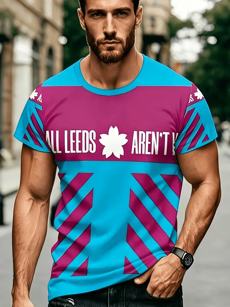 men's short sleeve crew neck t-shirt, geometric split graphic with vertical letter print, casual street style daily wear top