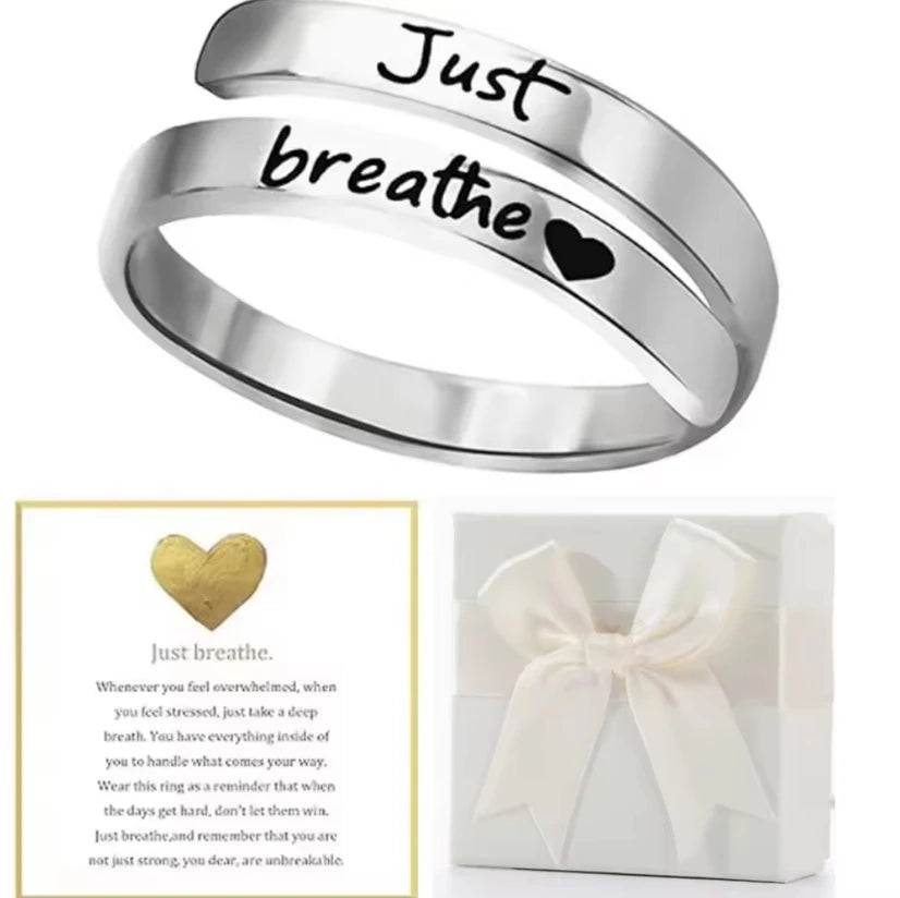 Just Breathe Ring for Women Men, Stainless Steel Spiral Wrap Healing Rings, Inspirational Gifts with Message Card Box