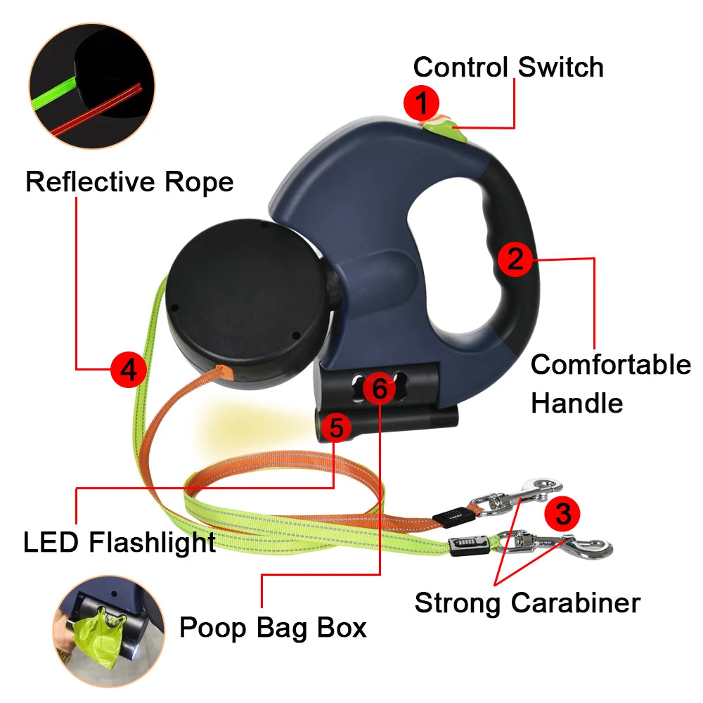 Dual Pet Leash for 2 Dogs Retractable Dog Traction Rope with Flashlight Outdoor Reflective Puppy Lead Strap Yorkie Accessories