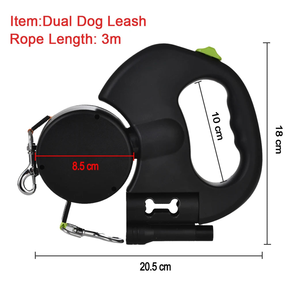 Dual Pet Leash for 2 Dogs Retractable Dog Traction Rope with Flashlight Outdoor Reflective Puppy Lead Strap Yorkie Accessories