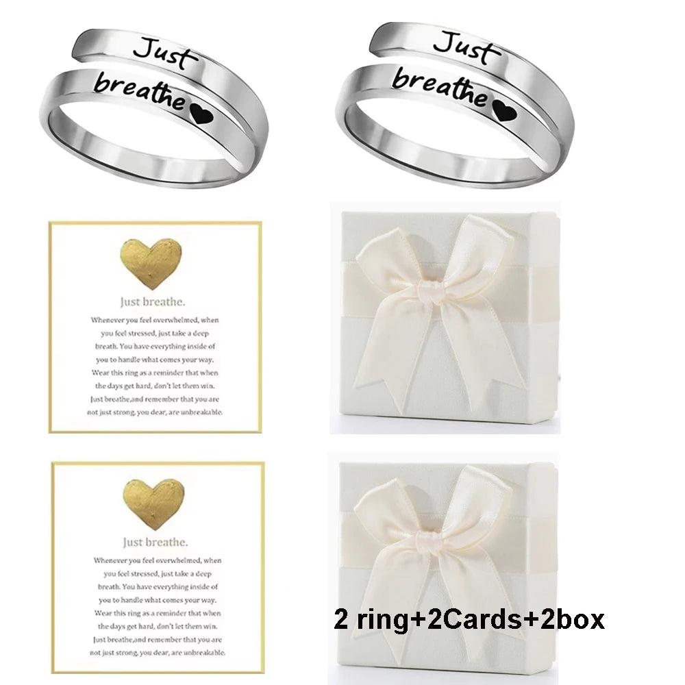 Just Breathe Ring for Women Men, Stainless Steel Spiral Wrap Healing Rings, Inspirational Gifts with Message Card Box