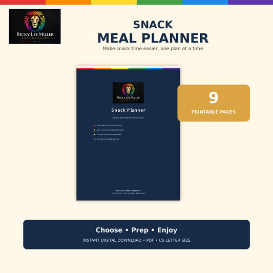 Printable Snack Planner Bundle cover showing the nine-page PDF and Rainbow Lion branding by Ricky Lee Miller Enterprises