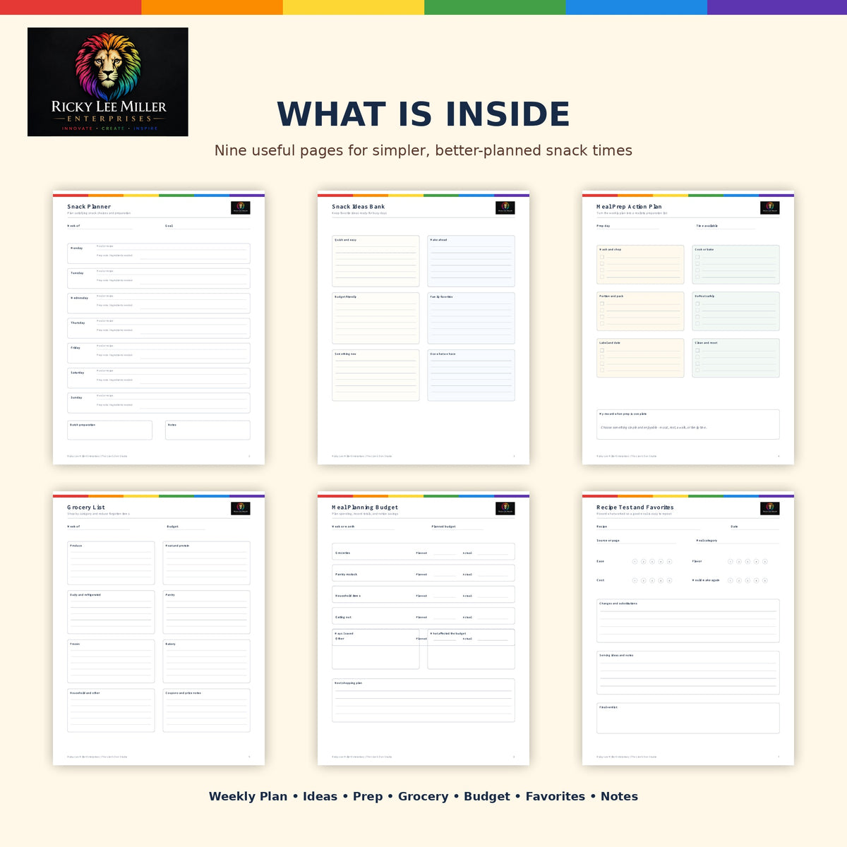 Preview of the nine-page Snack Planner showing weekly planning, snack ideas, meal prep, grocery list, budget, favorites, and notes