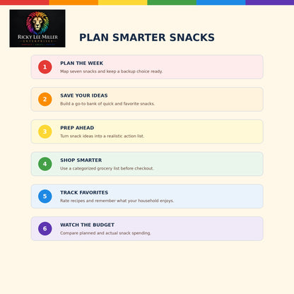 Snack Planner benefits graphic highlighting weekly snack planning, easy prep, organized grocery shopping, and tracking favorites