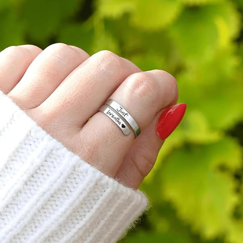 Just Breathe Ring for Women Men, Stainless Steel Spiral Wrap Healing Rings, Inspirational Gifts with Message Card Box