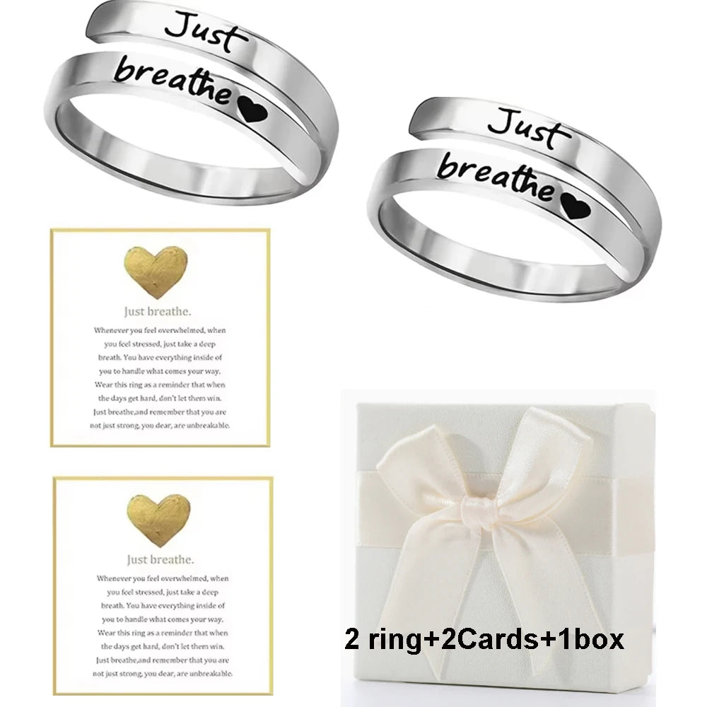 Just Breathe Ring for Women Men, Stainless Steel Spiral Wrap Healing Rings, Inspirational Gifts with Message Card Box