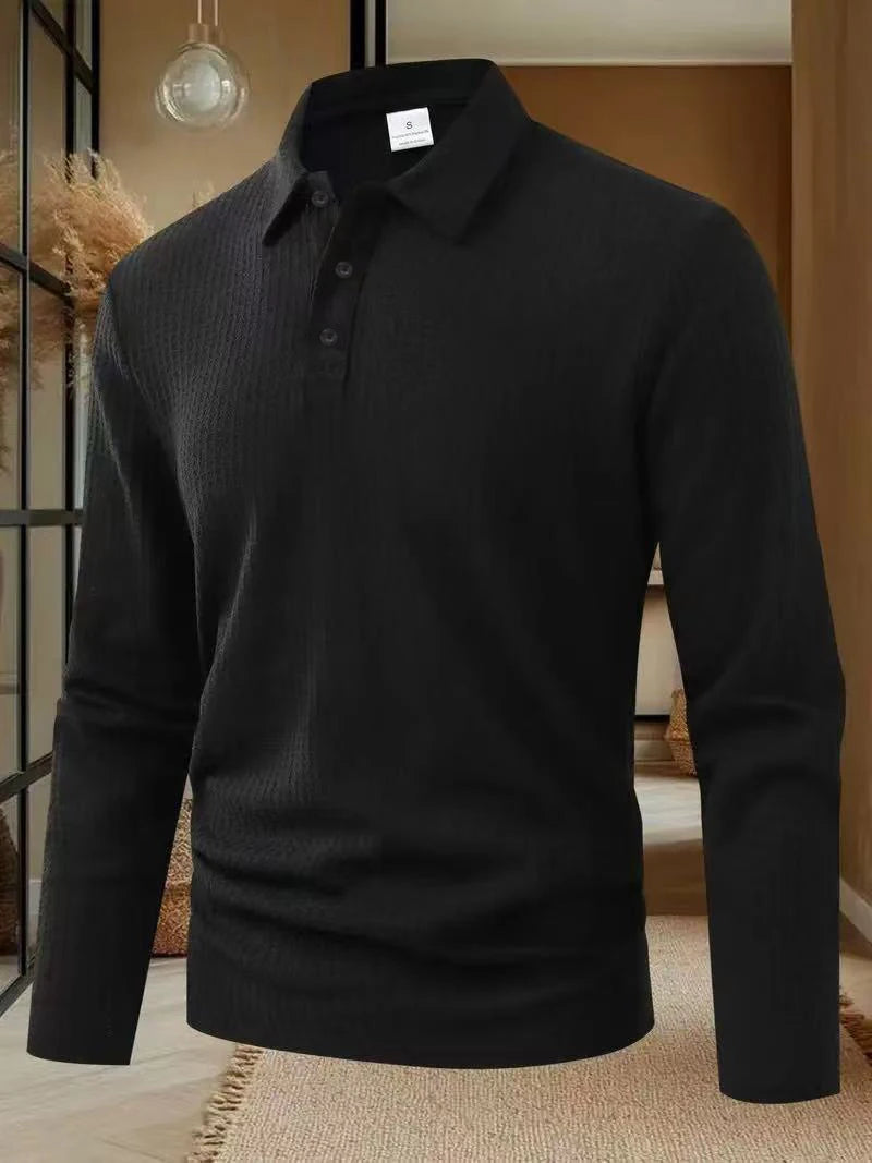 New Men's Business Casual Long Sleeved Solid Color Polo Shirt Summer Fashionable Breathable Comfortable Versatile Top T-shirt