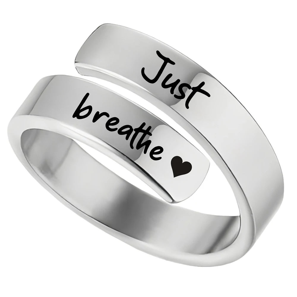 Just Breathe Ring for Women Men, Stainless Steel Spiral Wrap Healing Rings, Inspirational Gifts with Message Card Box
