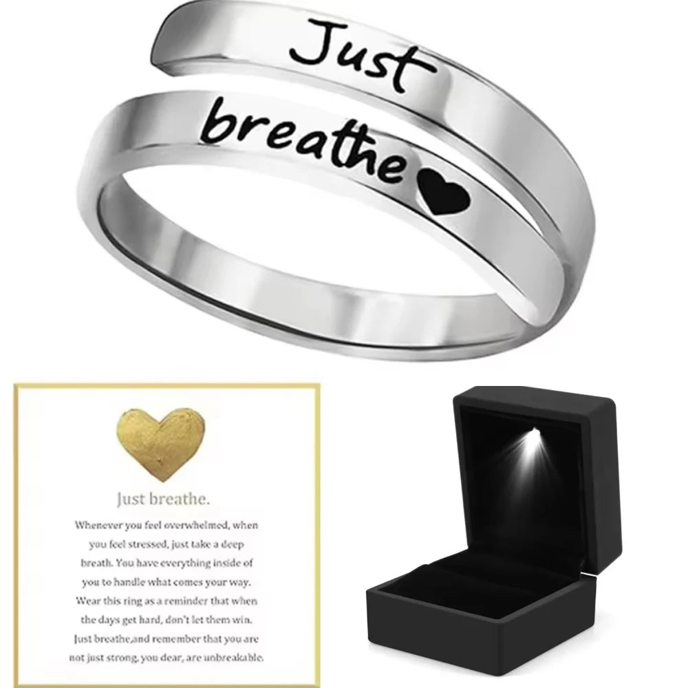 Just Breathe Ring for Women Men, Stainless Steel Spiral Wrap Healing Rings, Inspirational Gifts with Message Card Box