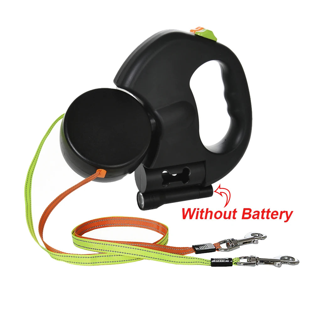Dual Pet Leash for 2 Dogs Retractable Dog Traction Rope with Flashlight Outdoor Reflective Puppy Lead Strap Yorkie Accessories