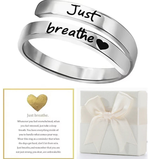 Just Breathe Ring for Women Men, Stainless Steel Spiral Wrap Healing Rings, Inspirational Gifts with Message Card Box