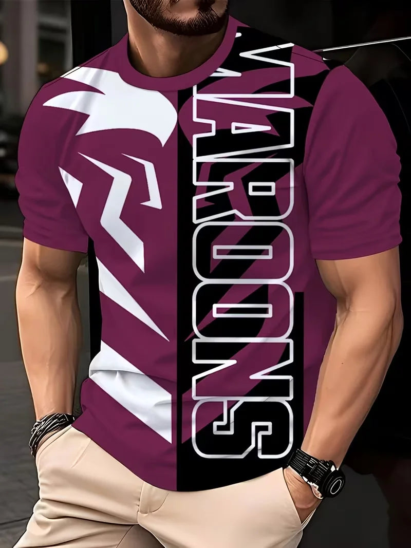 men's short sleeve crew neck t-shirt, geometric split graphic with vertical letter print, casual street style daily wear top