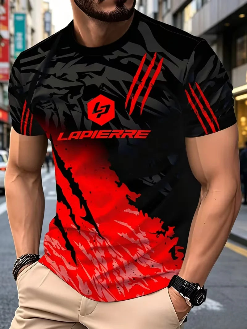 men's short sleeve crew neck t-shirt, geometric split graphic with vertical letter print, casual street style daily wear top